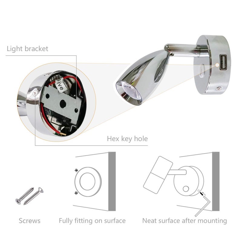 THALASSA 12V RV Spotlight USB Reading Light - Dimmable Touch Switch with Blue Circle Night Light, Polished Chrome, Surface Mounted on Trailer Caravan Boat Interior as Bedside Light Book Lamp, 2 Pack - Image 4